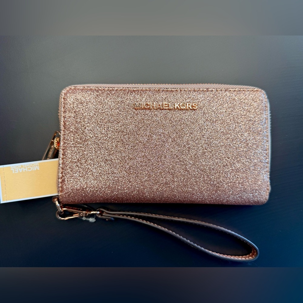 MICHAEL KORS *NWT* Jet Set MF Phone Case Wallet Wristlet Glitter Rose Gold - Picture 2 of 10